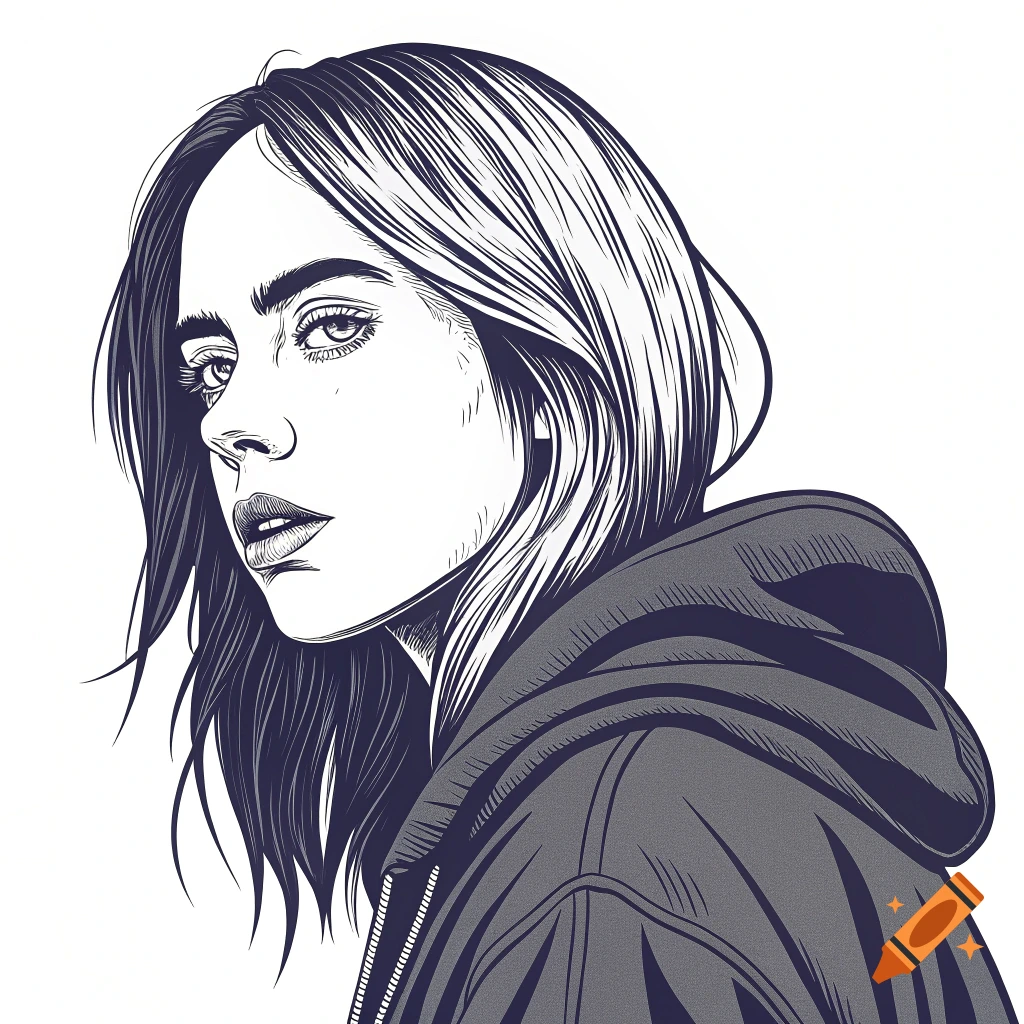 Outlined drawing of a woman in a hoodie looking left