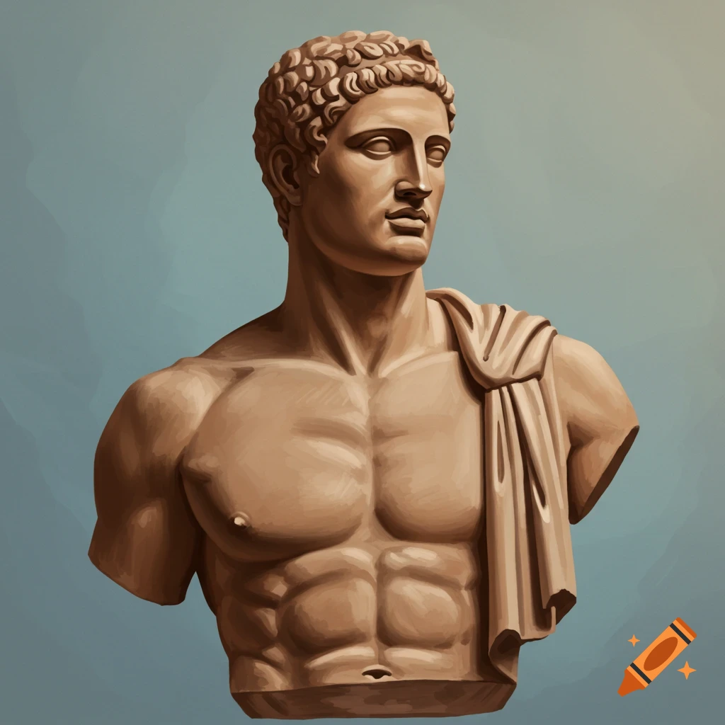 A classical male bust statue with a cloth draped over one shoulder.