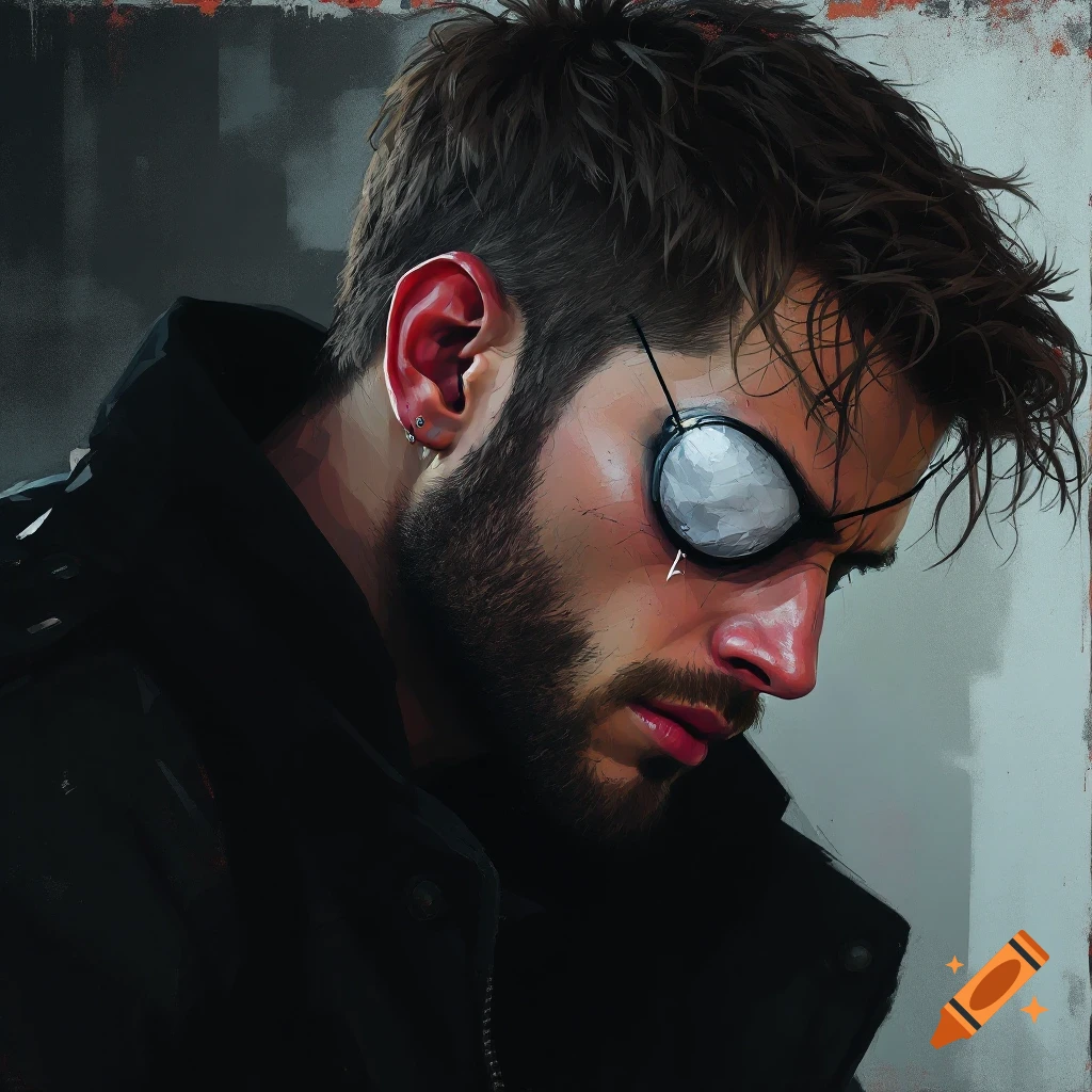 Portrait of a man with an eye patch looking down.