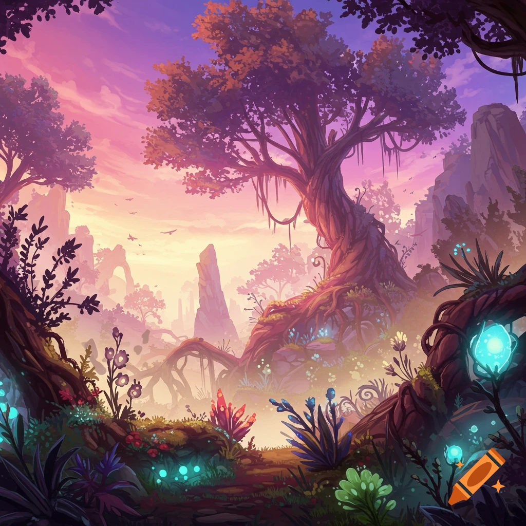 A vibrant fantasy landscape with a large gnarled tree, glowing plants, and rocky formations at sunset.