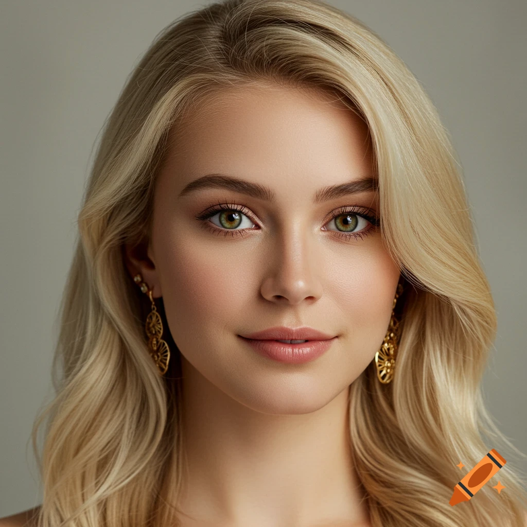 Close-up portrait of a blonde woman with green eyes and gold earrings.
