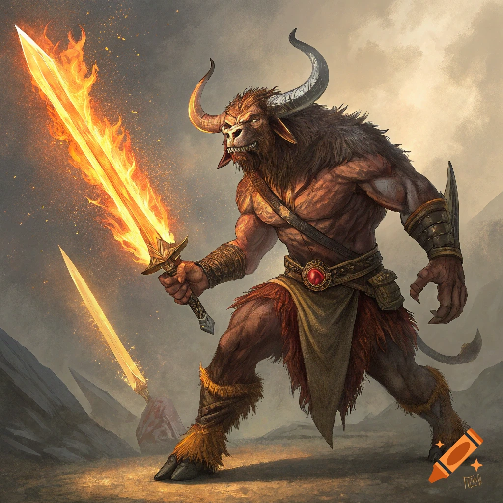 A minotaur warrior stands holding a flaming sword. Another sword is stuck in the ground nearby. Digital fantasy art.
