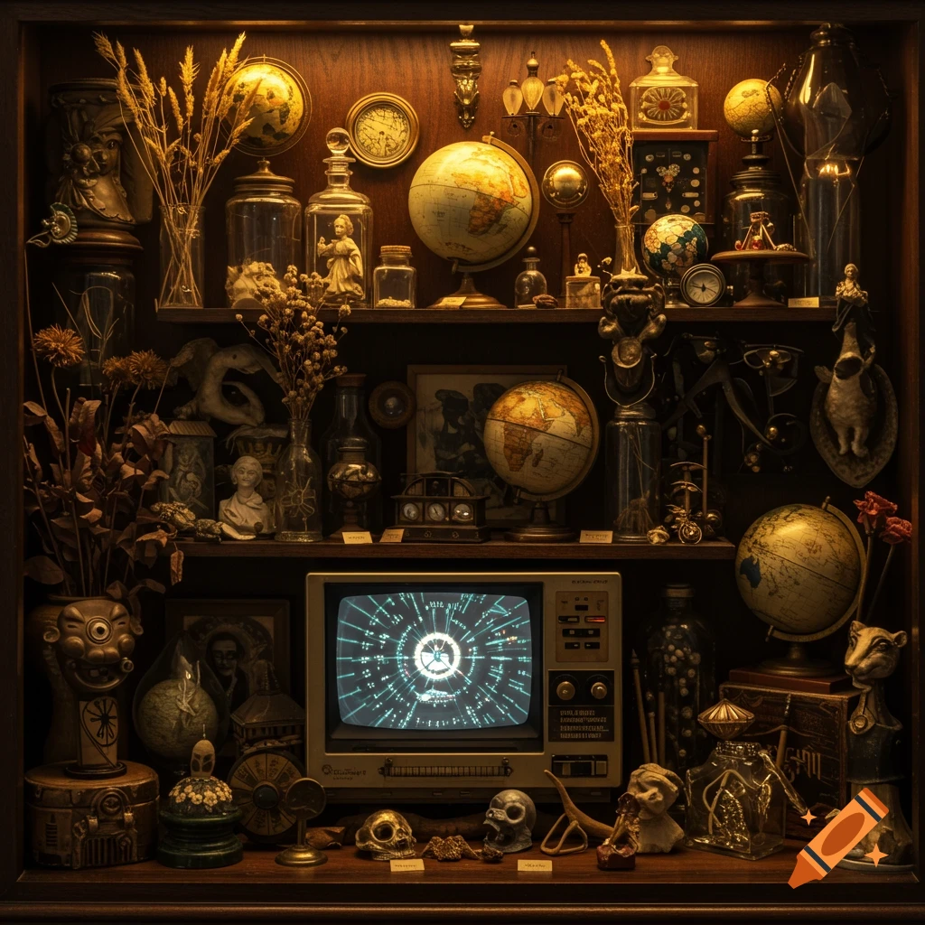 Photorealistic cabinet of curiosity filled with globes, artifacts, skulls, and a vintage video screen