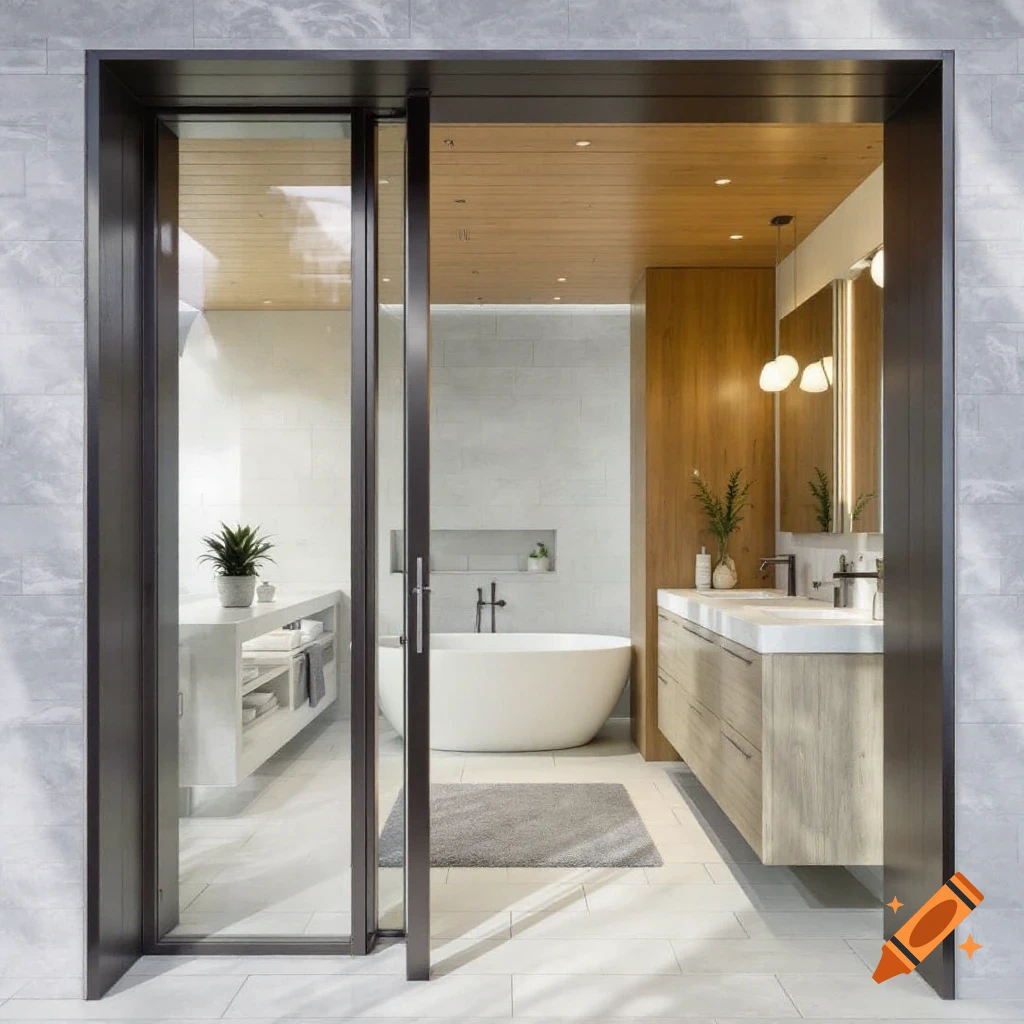 View into a modern bathroom with a tub and vanity through an open doorway.