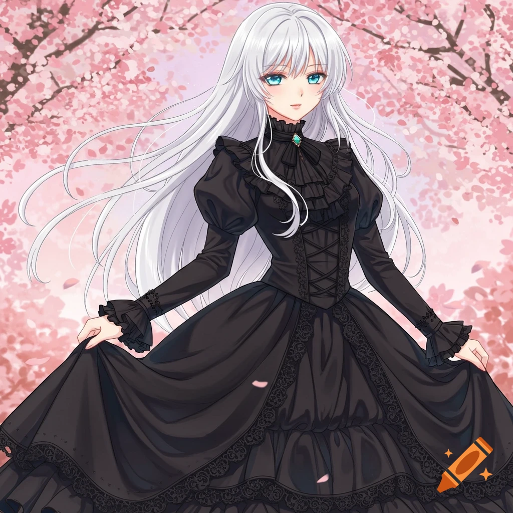 Anime girl with long white hair wearing a black Victorian dress under cherry blossoms.