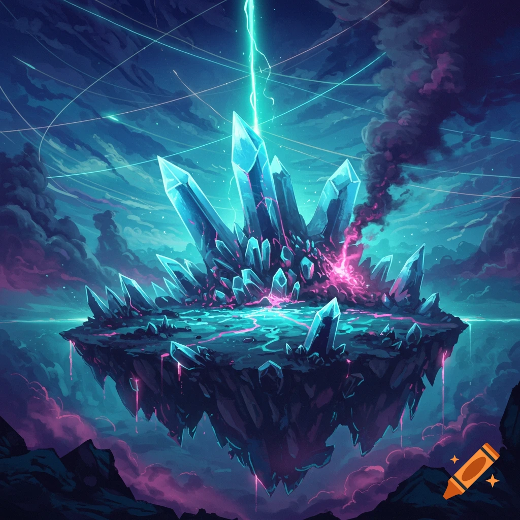 A floating island covered in glowing blue and pink crystals under a dramatic sky with energy streaks.