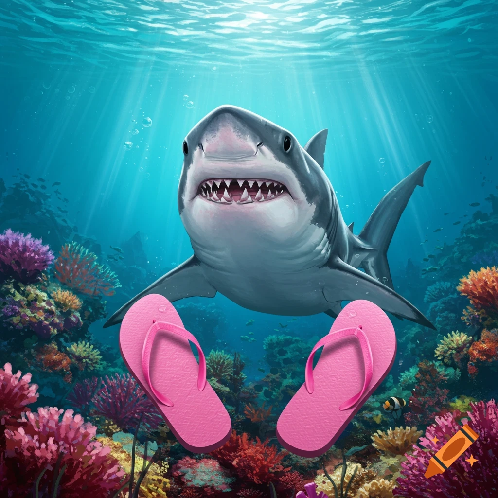 A shark swimming underwater with pink flip-flops and a coral reef