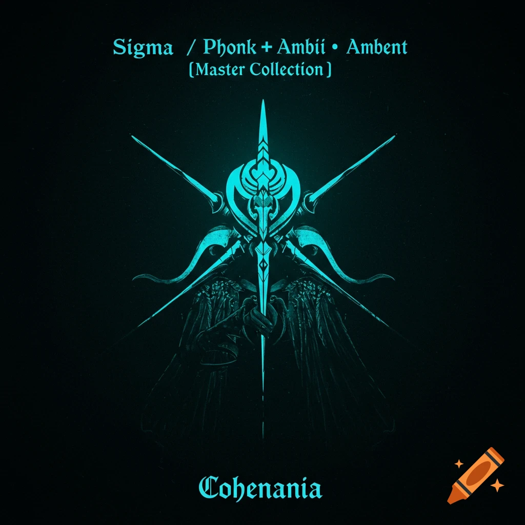 Abstract figure with glowing cyan details on a black background, with title text above and artist name below.