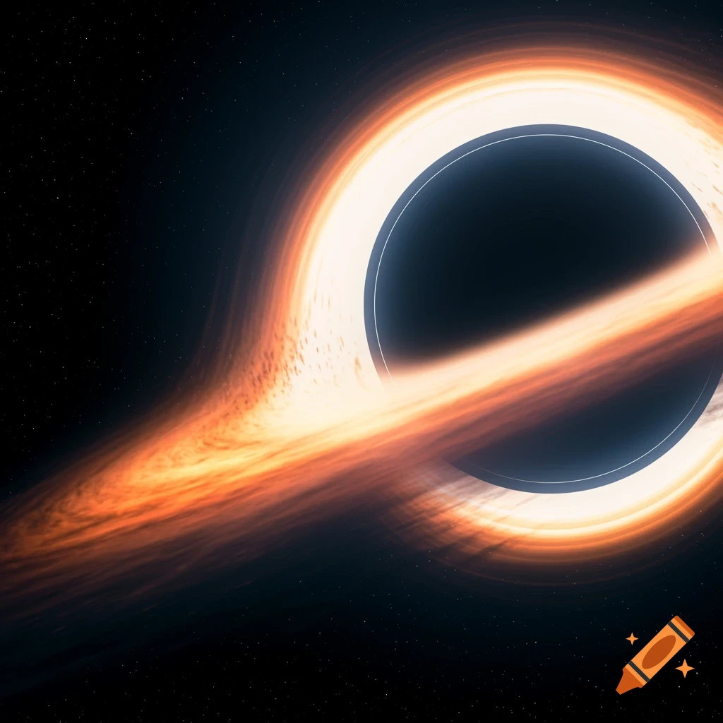 A black hole with a bright orange accretion disk against a starry space background.