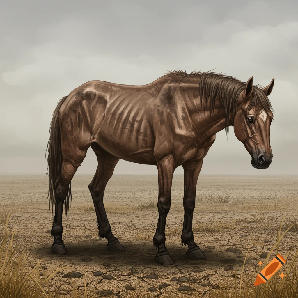 An emaciated brown horse stands in a barren, cracked landscape.