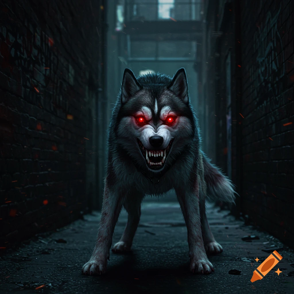 A scary husky dog with human teeth, glowing red eyes, and matted fur is in a dark alley.