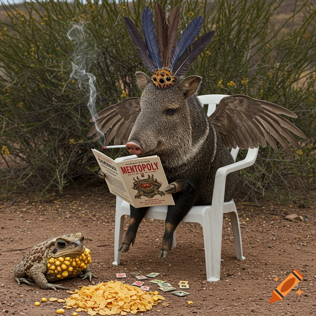A winged peccary with feathers on its head sits in a white chair, smoking a cigarette and reading a book titled "MENTOPOLY". A toad with yellow glands sits nearby with scattered corn flakes and game tiles on the ground in a desert setting.