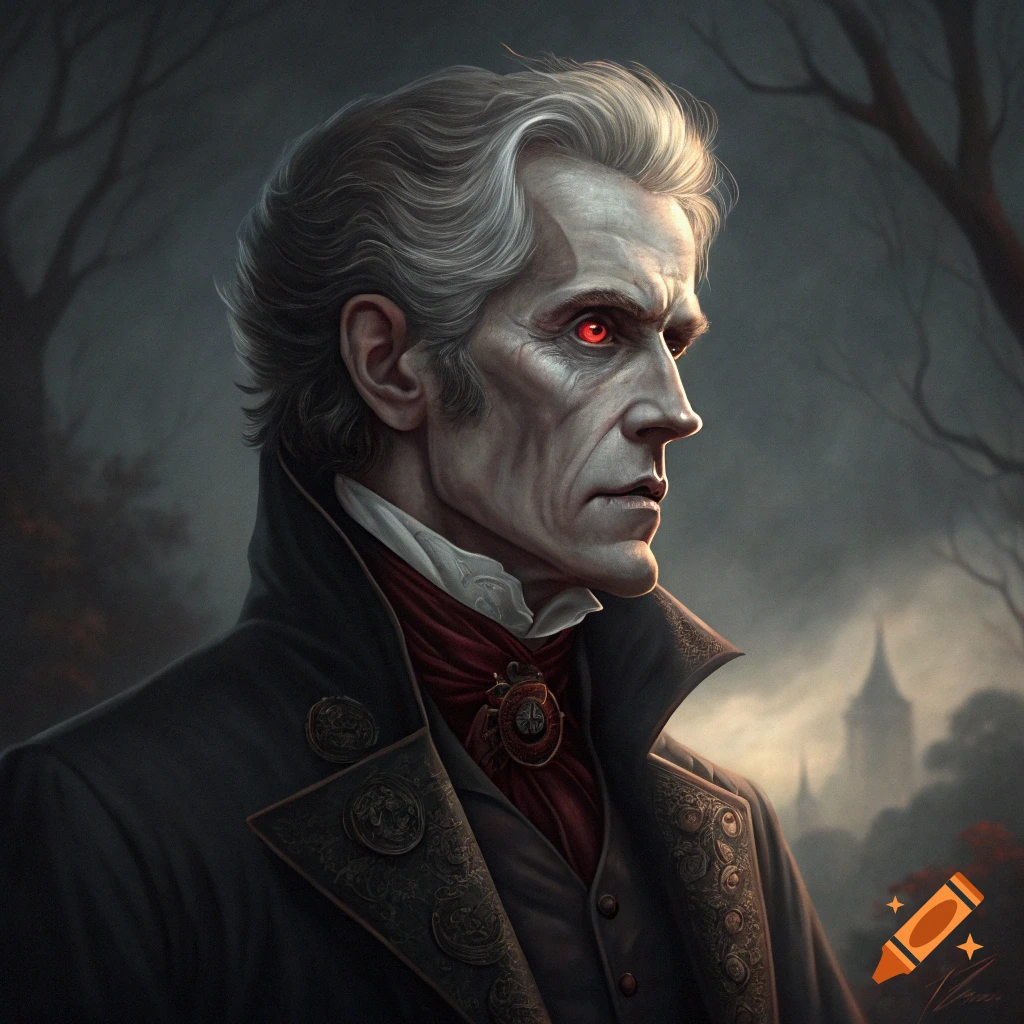 A detailed portrait of a vampire with red eyes and grey hair, wearing a dark coat and jabot, against a dark background. Digital art.