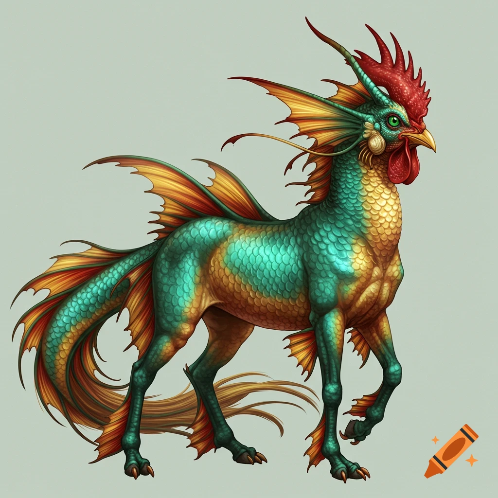 A fantasy creature combining horse, fish, and chicken features