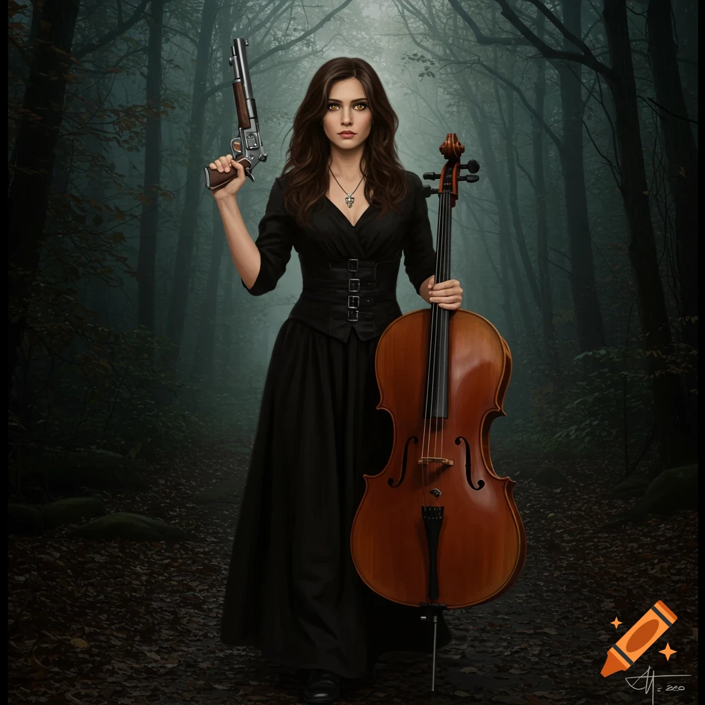 A woman with a gun and a cello stands in a dark forest.