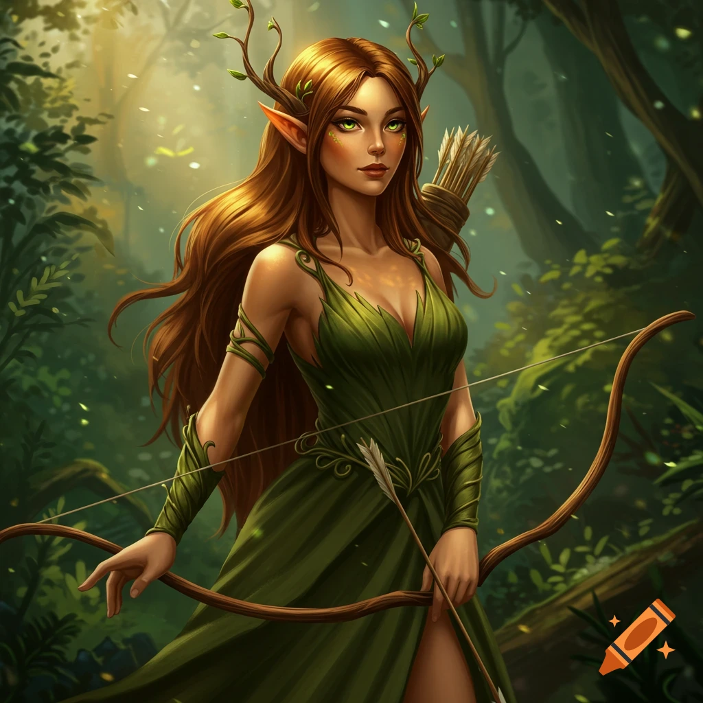 A beautiful wood elf woman with a bow and arrow in a forest.