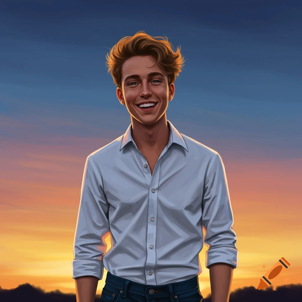 A smiling young man in a white shirt stands against a vibrant sunset sky.