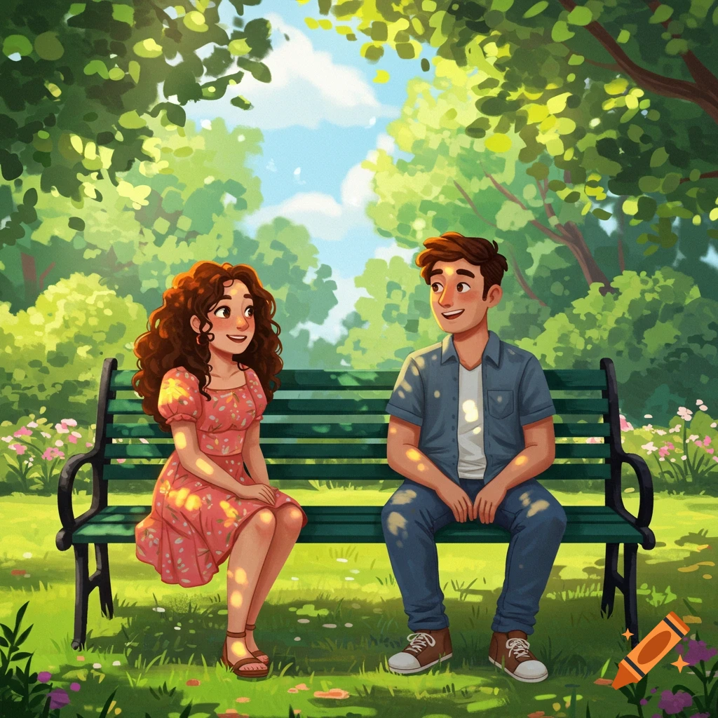 An illustration of a young man and woman sitting on a park bench, talking and smiling.