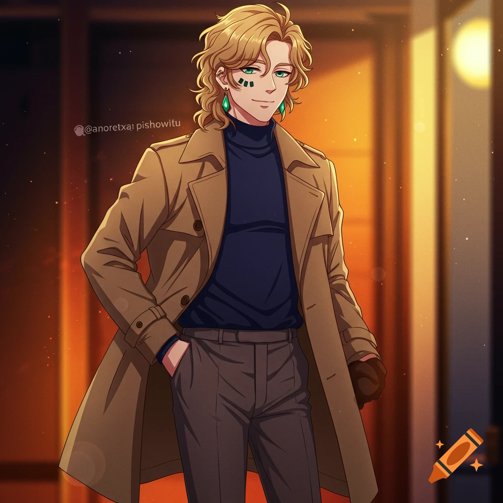 Anime illustration of a man with blonde wavy hair wearing a navy turtleneck and brown trench coat, standing by a window.