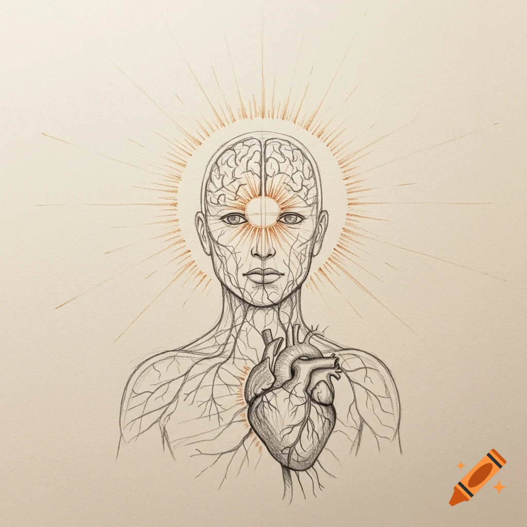 Pencil sketch of a person with brain and heart visible, connected to a sun at the forehead.