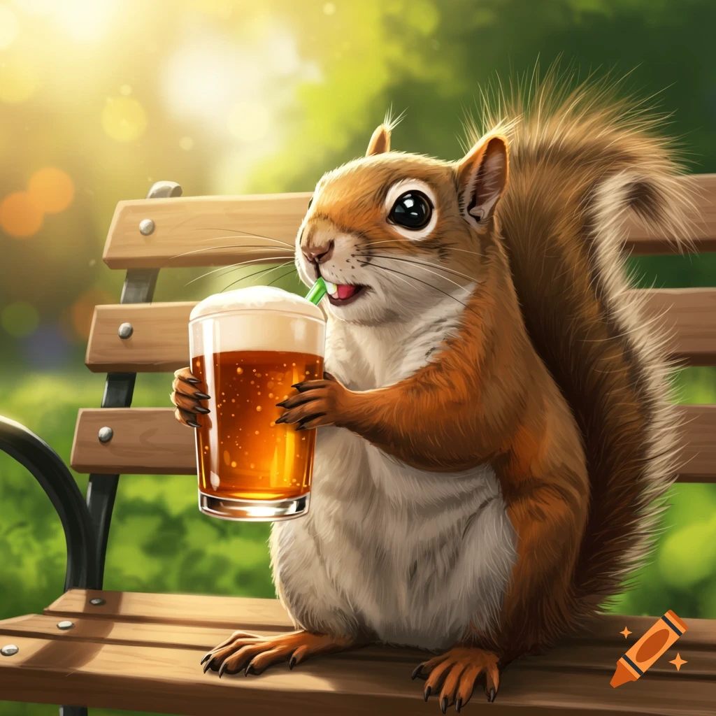 A squirrel sits on a park bench, drinking from a glass with a straw.