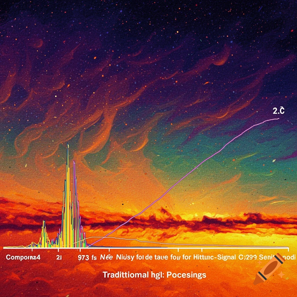 A colorful graph overlaid on a vibrant sunset sky with stars.