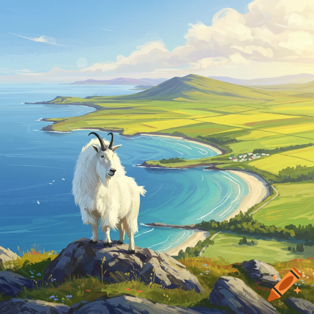 A mountain goat stands on a rock overlooking a coastal bay landscape.