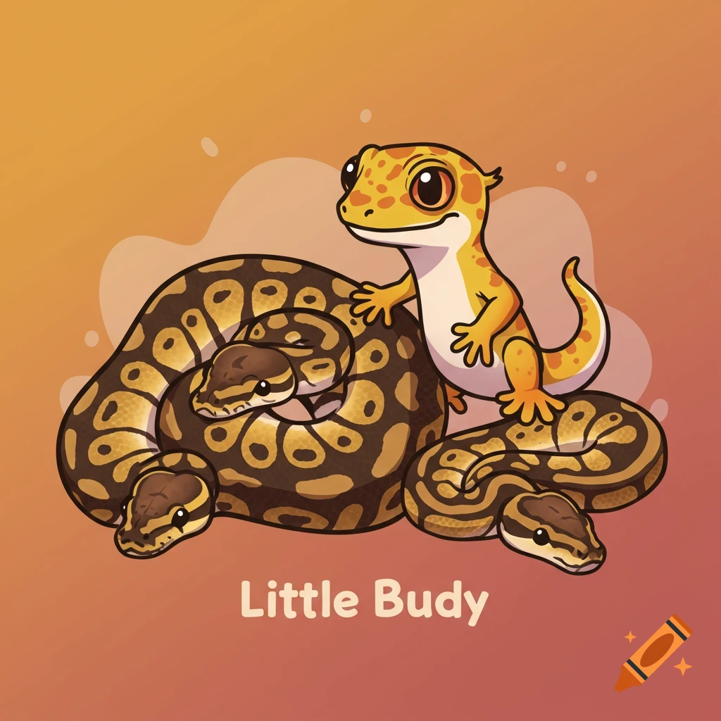 Cartoon gecko standing on three ball pythons with text 'Little Budy'. Illustration.