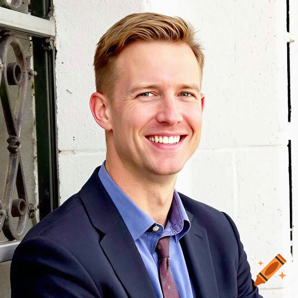 A smiling man in a suit and tie stands outdoors.