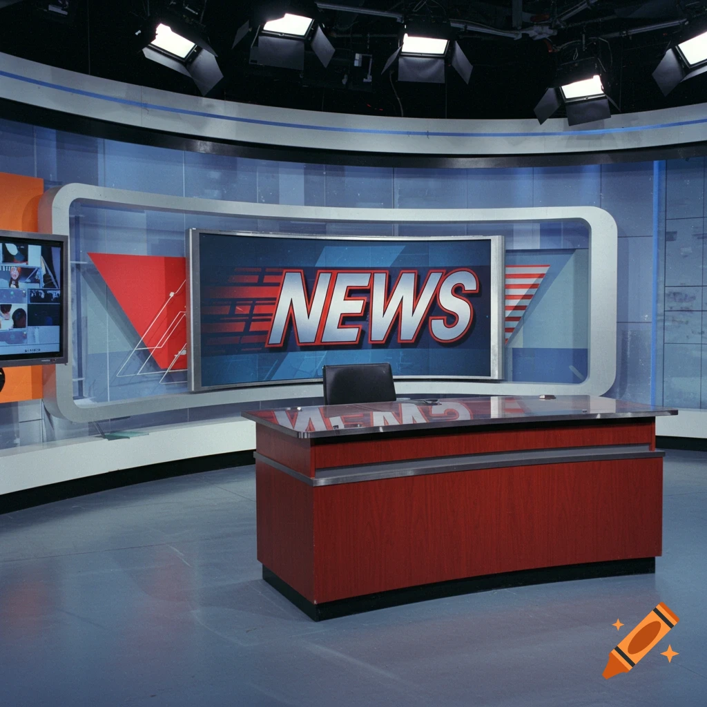 A 1990s-style news broadcasting studio set with a desk and a screen displaying the word NEWS.