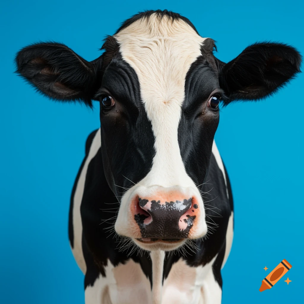 Close-up photo of a black and white Holstein cow with a disapproving expression against a blue background.