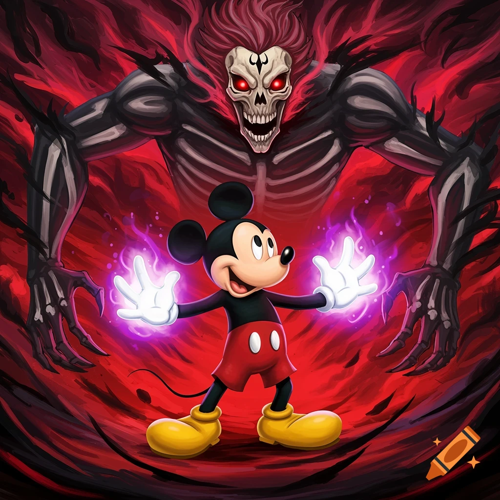 Mickey Mouse summons a skeletal monster with glowing hands against a red and black background.