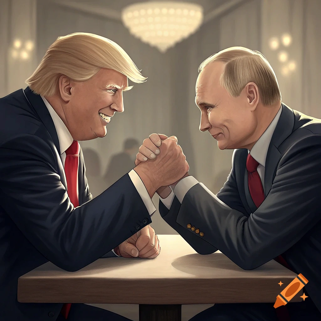 Donald Trump and Vladimir Putin arm wrestling across a table.