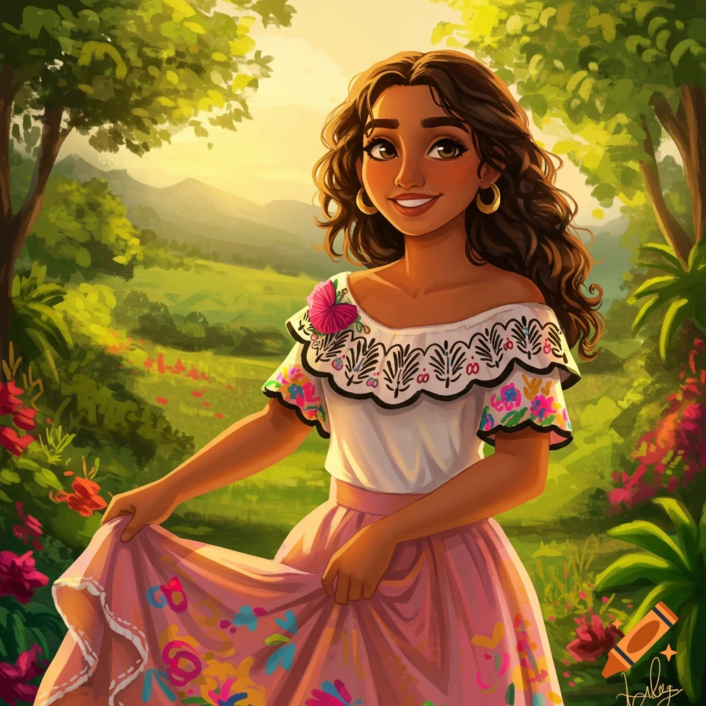 Smiling woman in traditional Colombian dress in a lush, sunny landscape.