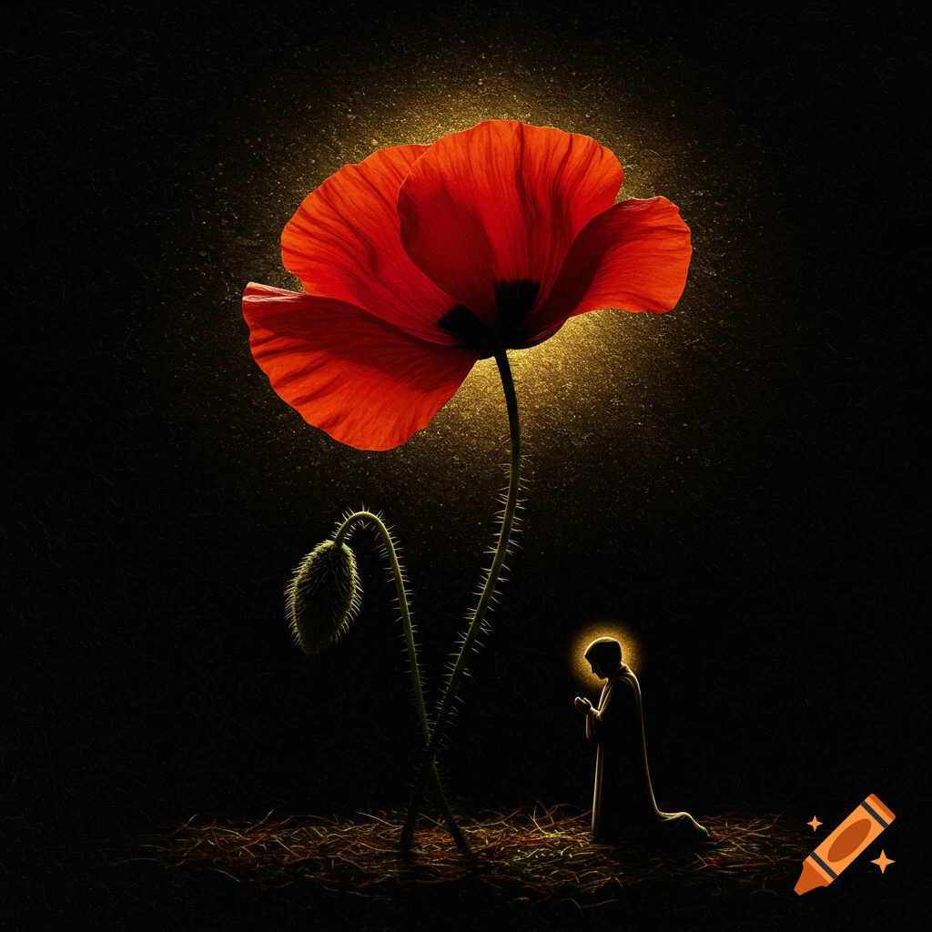 A red poppy and a praying figure with a halo, lit from behind.