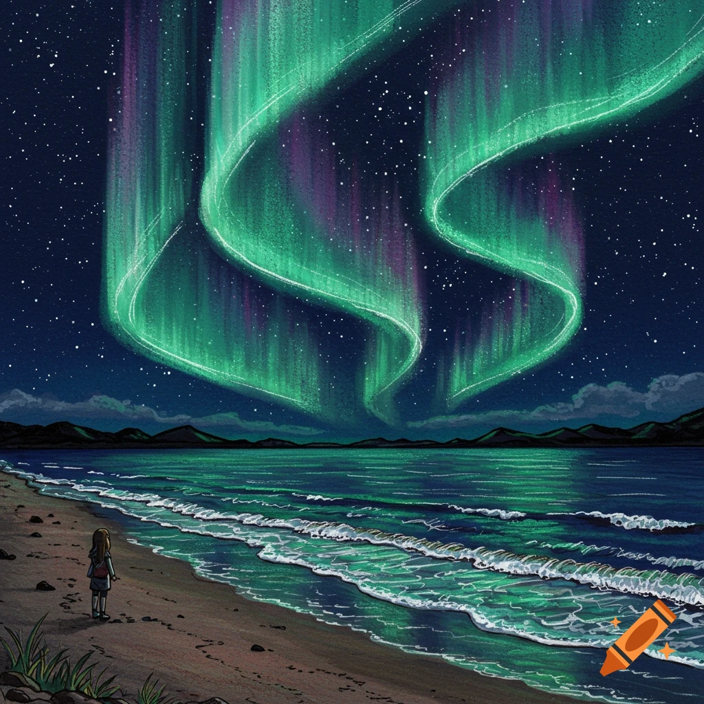 Drawing of a person on a beach watching the aurora borealis over water and mountains at night.