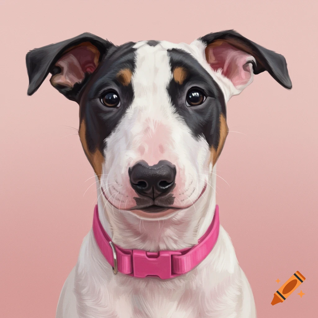 A white Bull Terrier dog with black and tan face markings and a pink collar against a pink background.