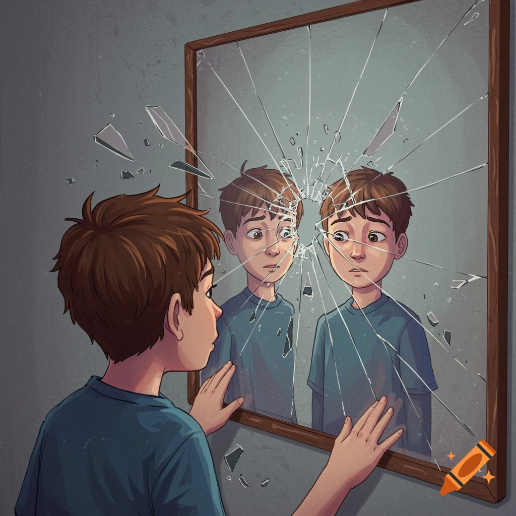 A young boy looks into a shattered mirror, reflecting multiple versions of his face.