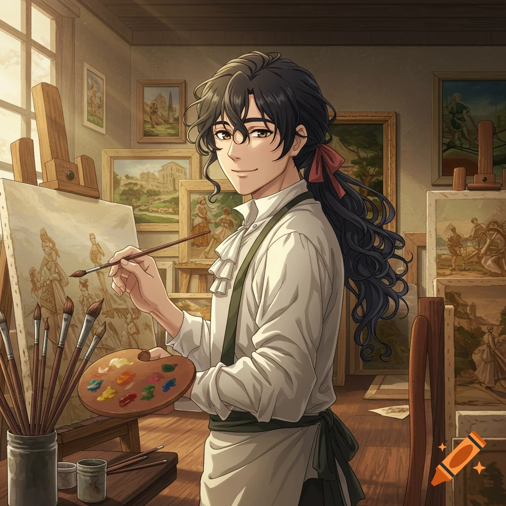 Anime style young man painting in an art studio
