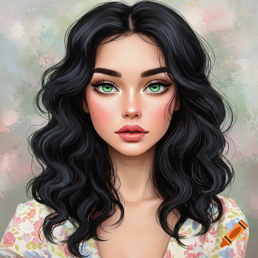 A woman with long black hair and bright green eyes wearing a floral top.