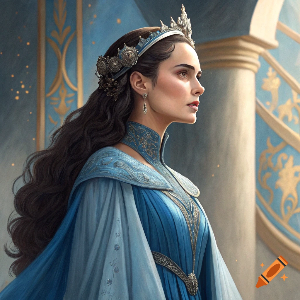 Portrait of a woman in a crown and blue regal dress in a decorative room.