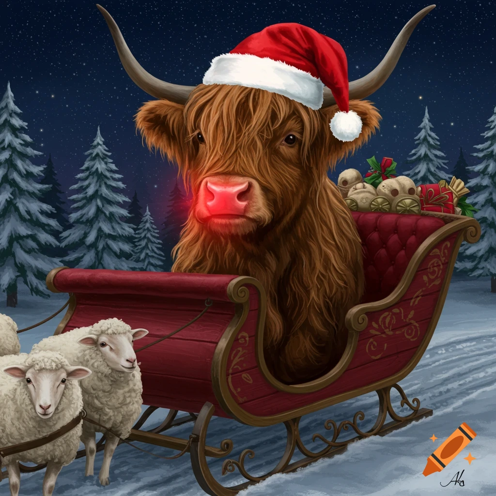 A Highland cow with a red glowing nose in a sleigh pulled by sheep travels through a snowy forest at night.