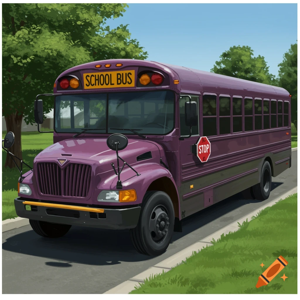 A purple school bus is parked on a suburban street.