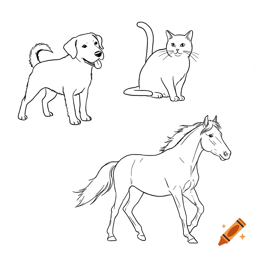 Line drawings of a dog a cat and a horse on a white background on