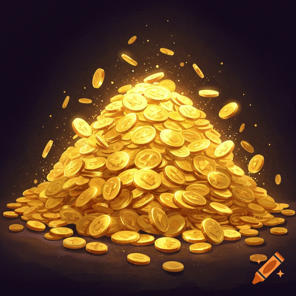 A large pile of gold coins with some floating coins and sparkling light.