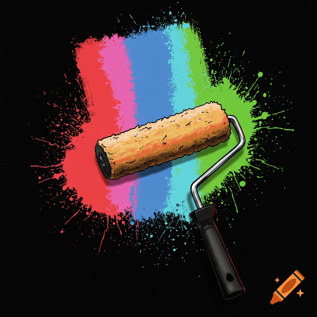 A paint roller leaves red, pink, blue, and green stripes and splatters on a black background.