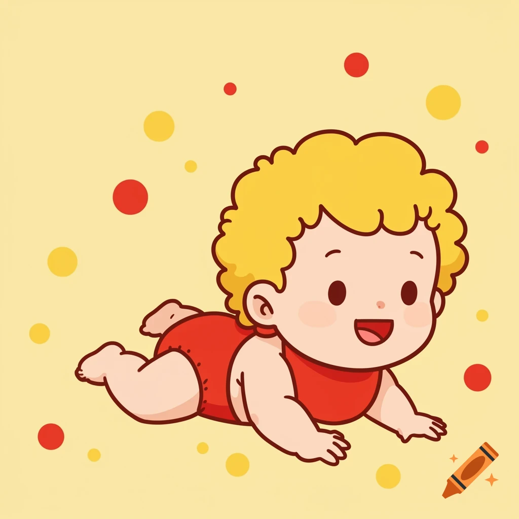A cheerful cartoon baby with yellow hair crawls on a yellow background with red and yellow polka dots.