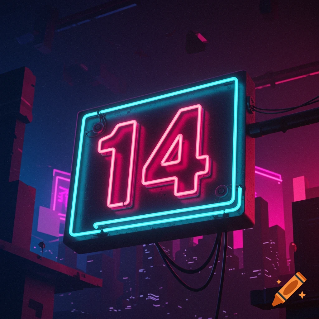 Futuristic neon sign with the number 14 against a dark city background