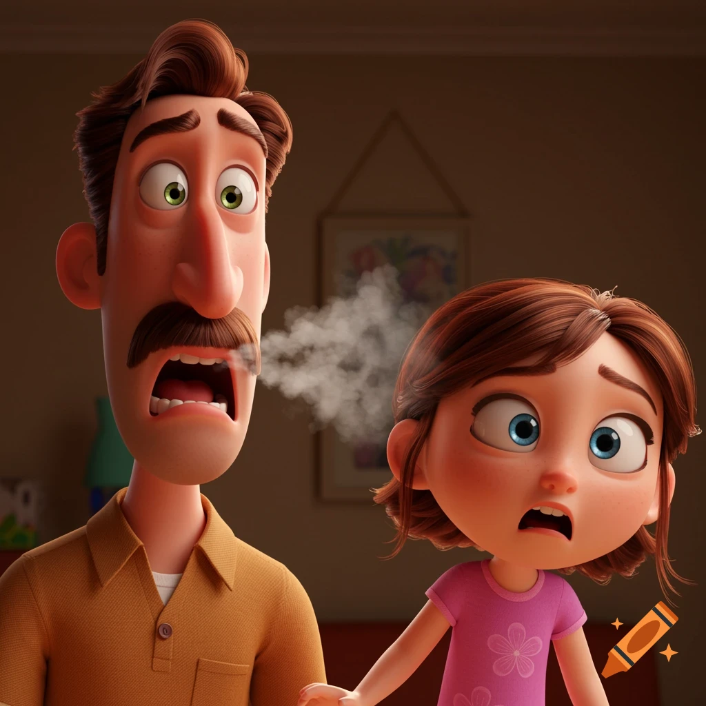 3D animated scene of a cartoon dad sneezing towards his daughter, both looking surprised.