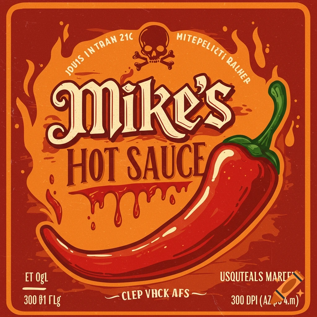 Hot sauce label design with a red chili pepper, flames, a skull, and text that says "Mike's HOT SAUCE" in a vintage style.